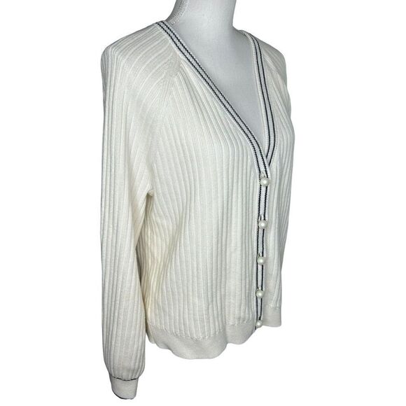Talbots Ivory Pearl Button Knit Sweater Cardigan Jacket Ribbed Sz L - Picture 2 of 7